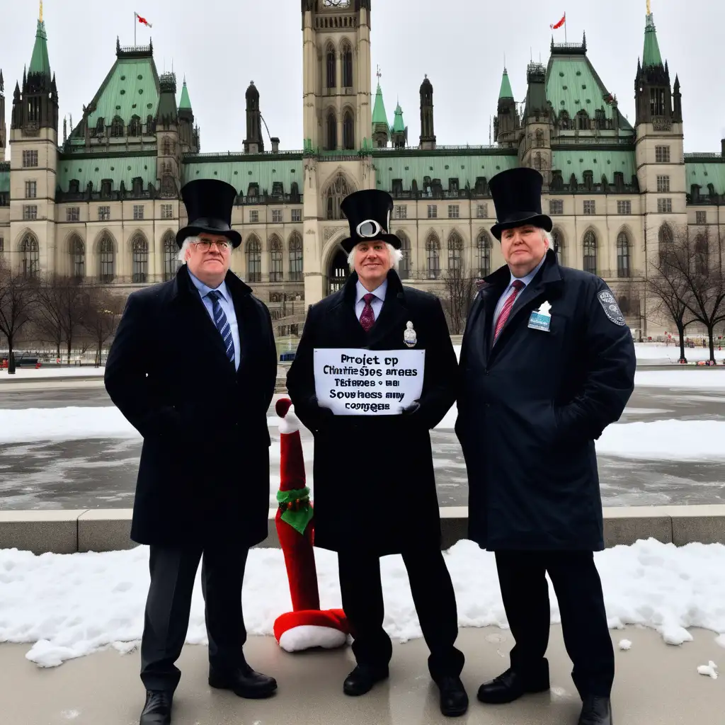 three scrooges, outside of ottawa parliament, snowy background with christmas decorations, surveillance cameras and a banner saying project scrooge. One of the scrooges is a cop, one is a politican, and one is a buisness man. they are greedy and mean.