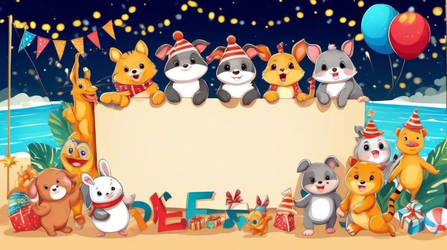 cute animals are holding a banner,Happy New Year is written on banner,night,,beach,fireworks,animals and banner main focus