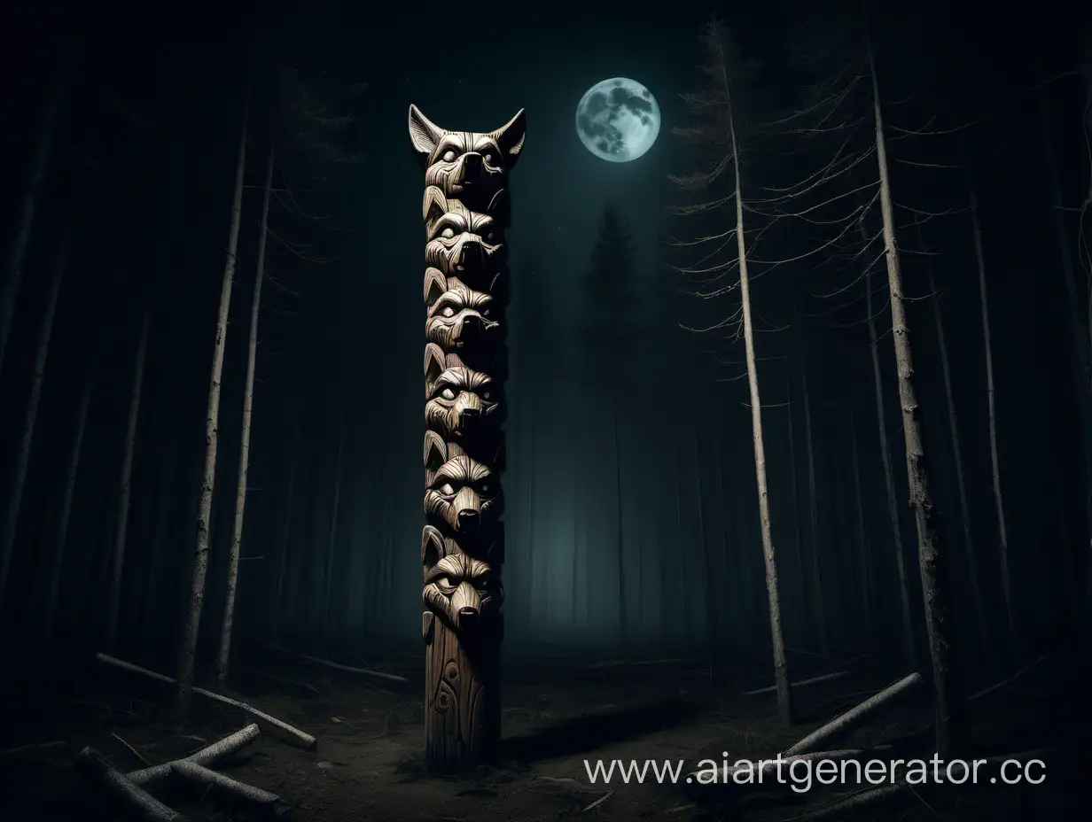 Eerie-Wooden-Wolf-Totem-Pole-in-Sparse-Forest-at-Night