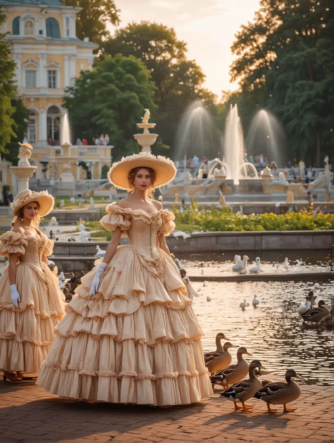Утки в человеческой одежде, утки в шляпках и платьях на фоне парка петергофа с фонтанами в верернем освещении