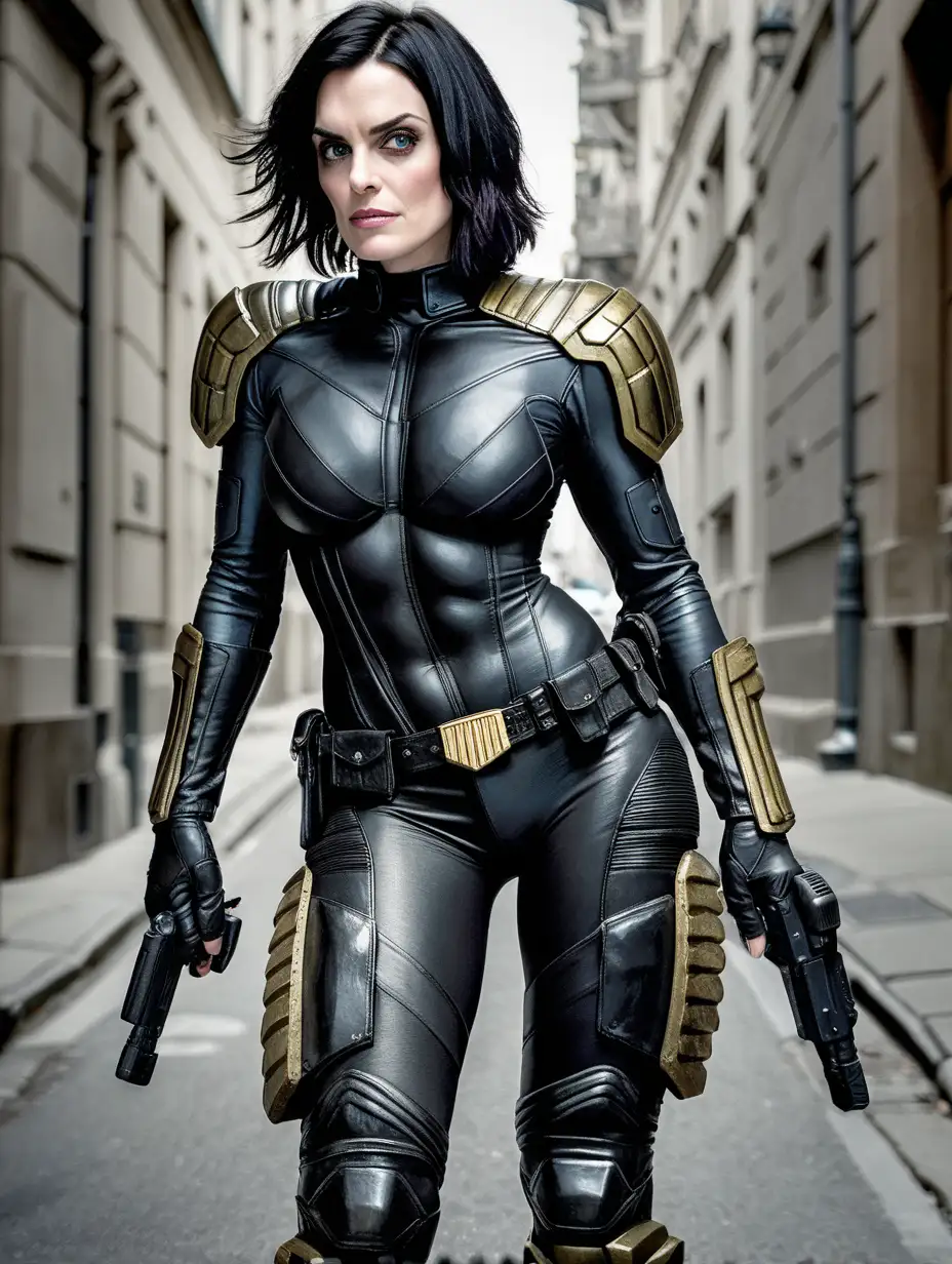 Antje Traue, Judge Hershey, Judge Dredd,  tights,  black hair,  thick,  smirk,  streets,  highly detailed,  above angle,  busty