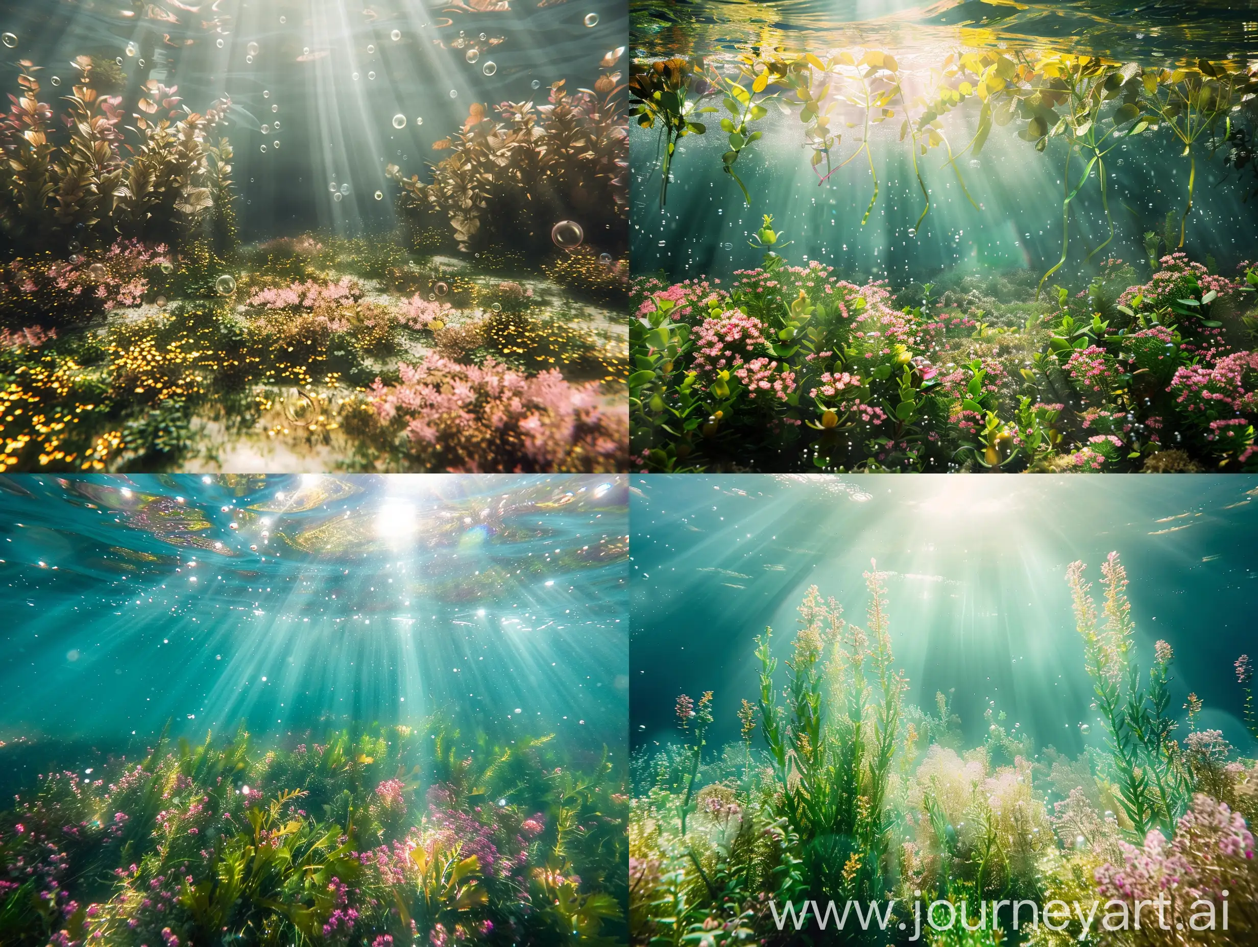 Under the water at the bottom of the ocean, where there are green, pink and gold herbs and some bubbles, the sun's rays sneak in to illuminate the ocean floor.