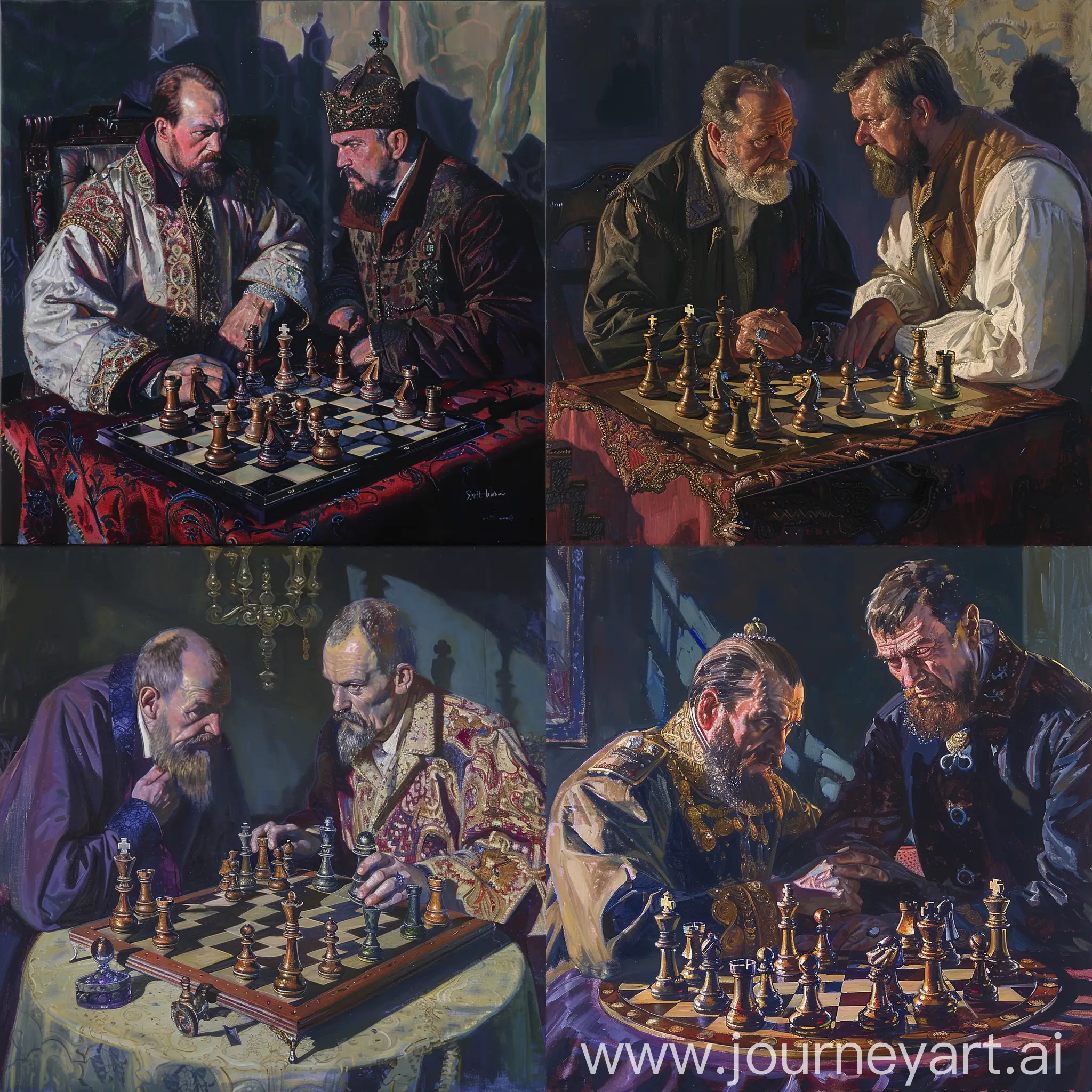 An oil painting portraying Ivan the Terrible and Bogdan Belsky engaged in a tense game of chess, each with a steely gaze and strategic minds at work. The setting could be a dimly lit chamber in the Kremlin, with intricate chess pieces placed on an ornate board between them, while shadows dance ominously in the background, hinting at the high stakes of the game and the political intrigue of their time.