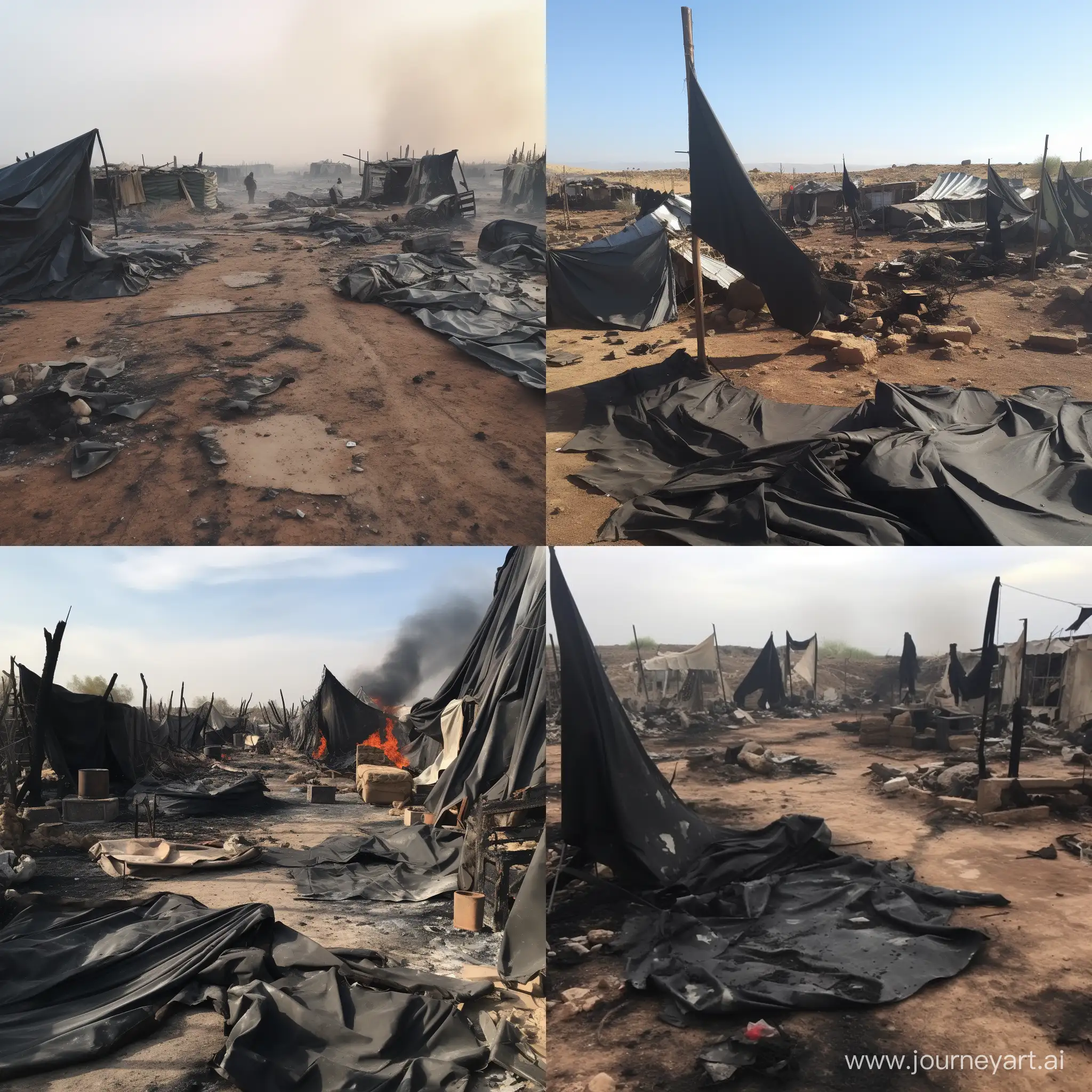разрушенный после авиаудара лагерь террористов с чёрными флагами; фото; съëмка с камер