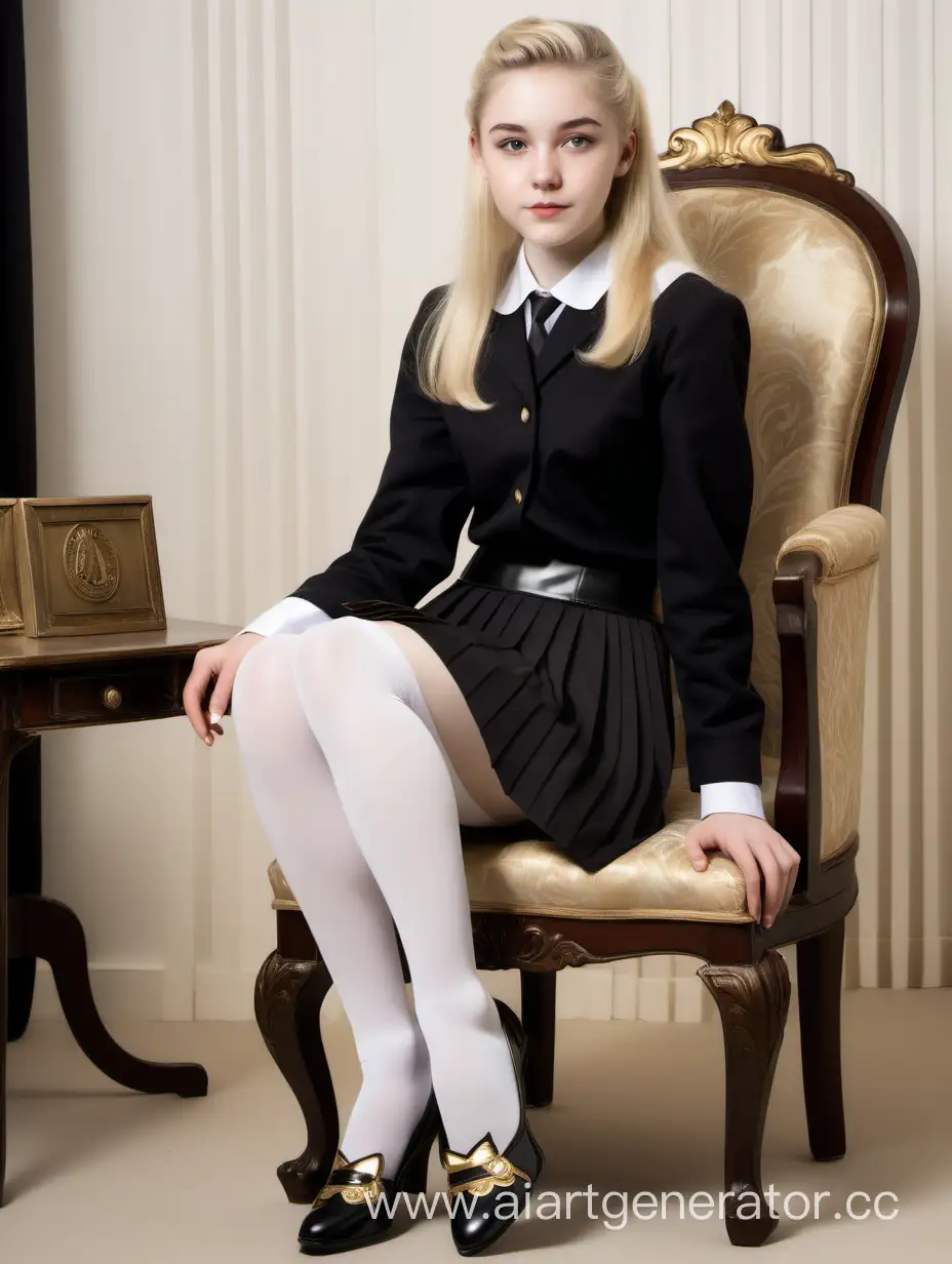 Blonde aged 20 years old in black student uniform, Pleated skirt with gold border, Sitting in a rich armchair, White stockings