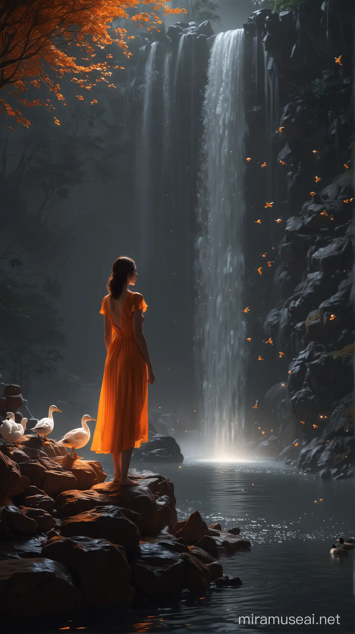 Stunning Waterfall Scene Woman in Orange Gown Basking in Moonlight with Glittering Ducks