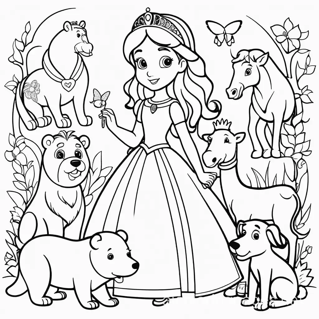 A princess and animals, Coloring Page, black and white, line art, white background, Simplicity, Ample White Space. The background of the coloring page is plain white to make it easy for young children to color within the lines. The outlines of all the subjects are easy to distinguish, making it simple for kids to color without too much difficulty
