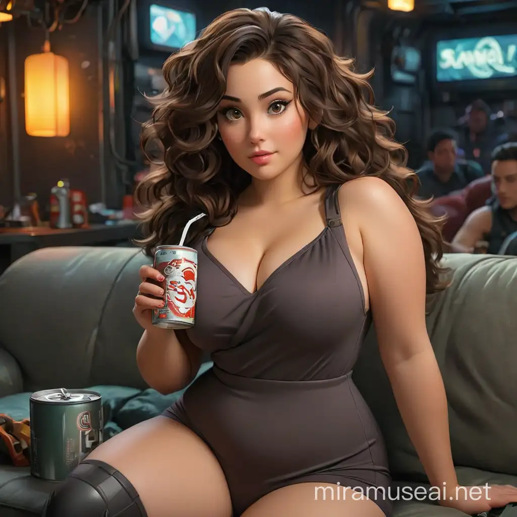 4'8 short woman,  very big breasted,  curvy, slightly chubby, long brunette wavy hair, dark brown eyes, wearing sexy onsie with clevage showing, having a drink from a can of fizkik, sitting on a couch in a scifi cyberpunk world.