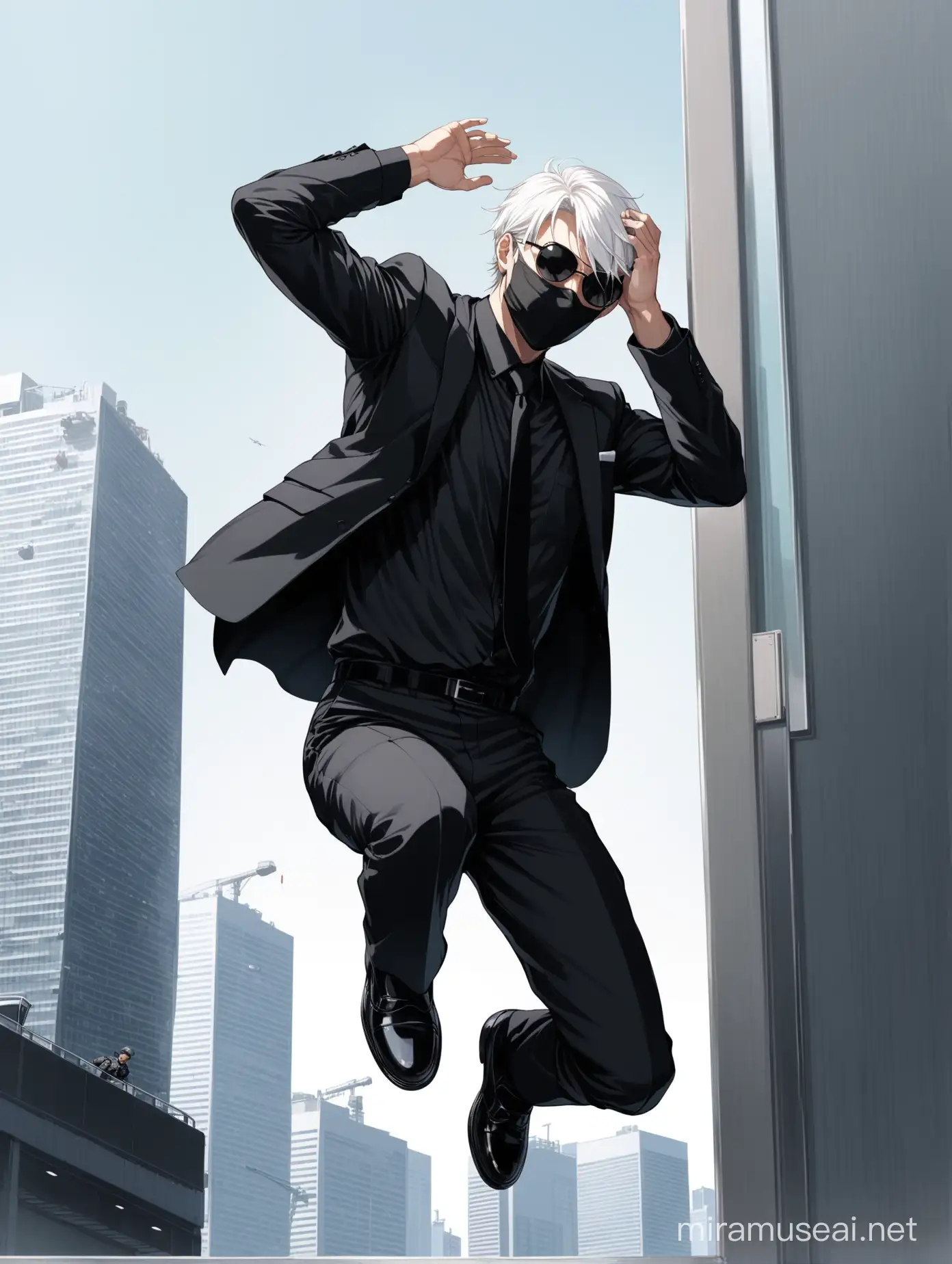 The special forces team dressed in black, covering their faces by black masks, stormed a building in Tokyo. In the background were skyscrapers with billboards, and police cars in the background, while a young man jumped from the window of a small house and broke the glass above their heads and escaped from them. He had white hair and was wearing a black shirt and tie.  Black, black shoes, black suit, and black round-frame sunglasses