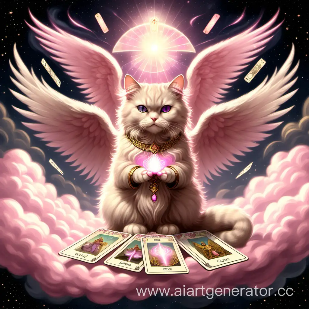 кот бежевого цвета, пушистый, медитирует на облаке, с картами таро, от него исходит розовая аура, с крыльями от ангела