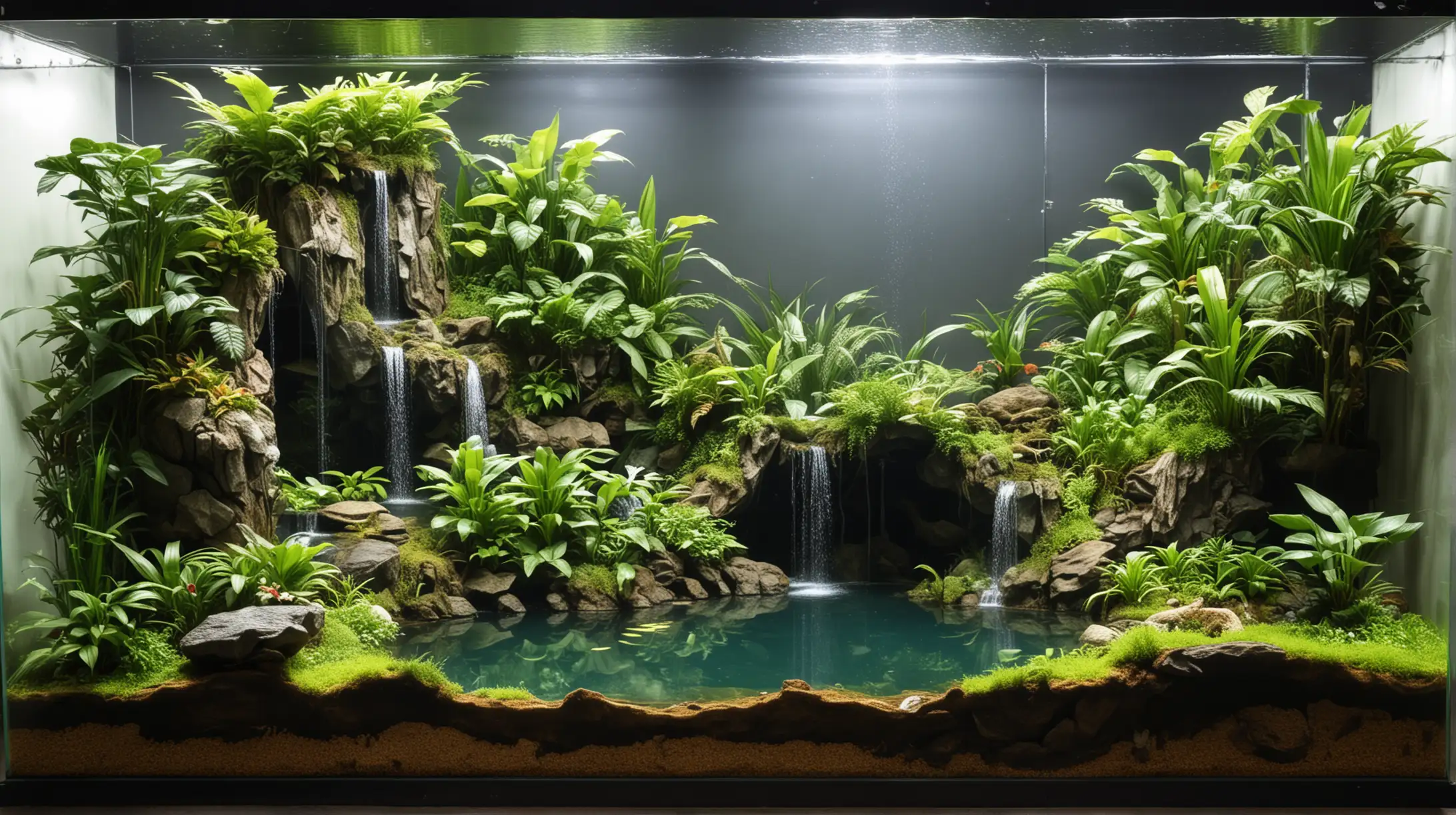 A 130cm by 45 cm by 70 cm tropical snake paludarium with half the paludarium as a mountain cliff with a waterfall and the other half lake-side.