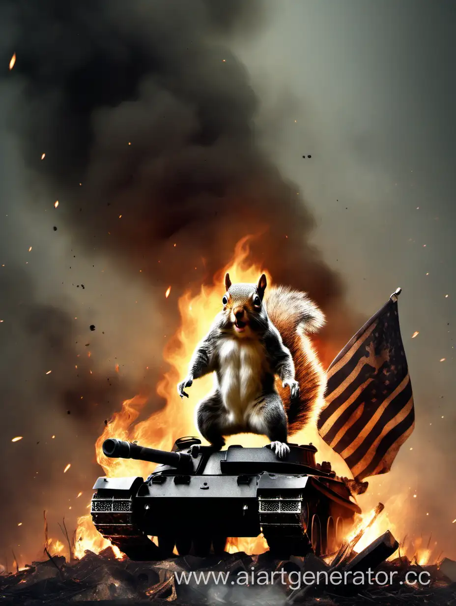 Furious-Squirrel-Defiantly-Stands-on-Burning-Tank-with-Black-Flag