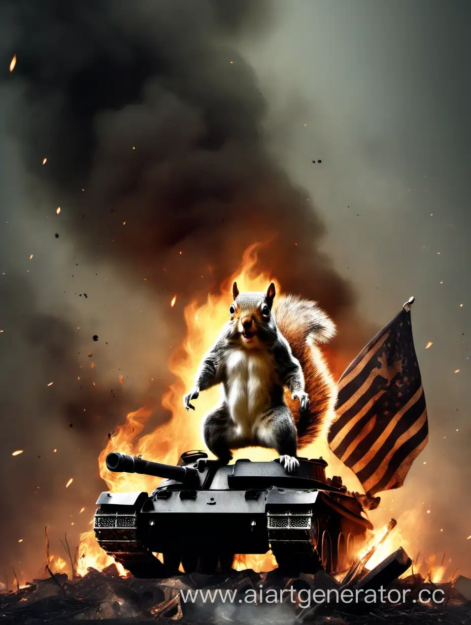 Angry squirrel stands with black flag on burning, broken tank, sparks flying, smoke. Poster style