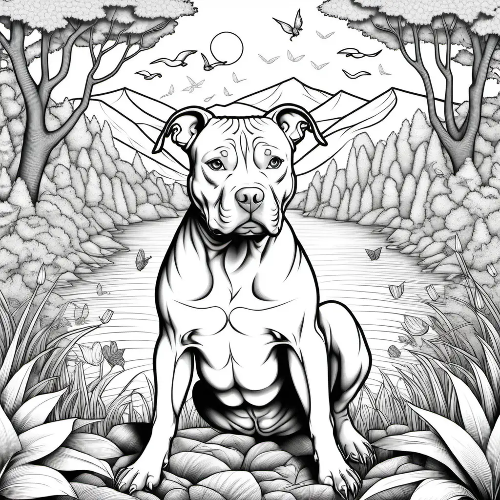 the harmony between pitbulls and nature, depicting them in a peaceful natural environment coloring page for adults