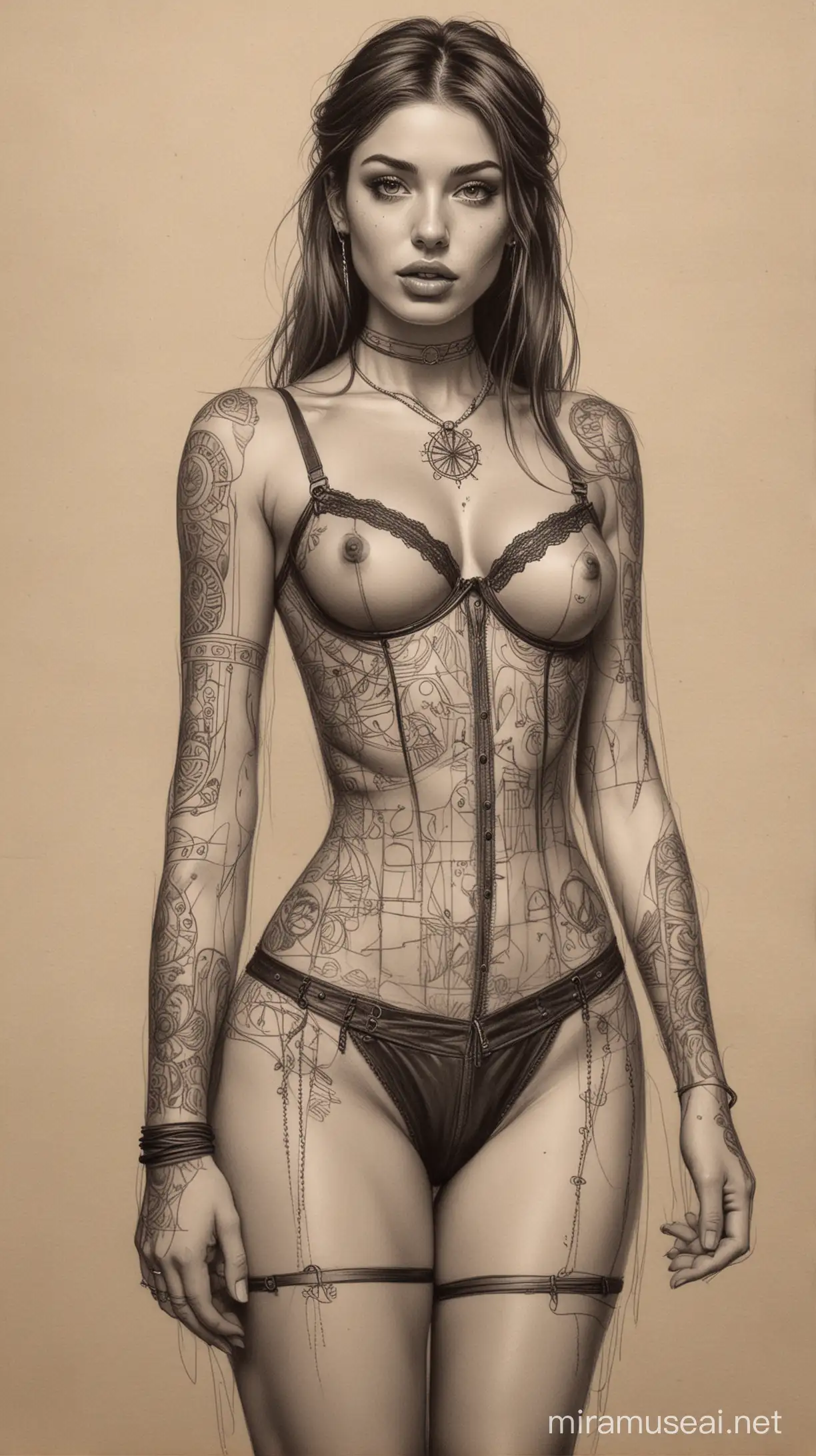 Dark Sketchbook Style Stunningly Beautiful Circus Woman Covered in Tattoos