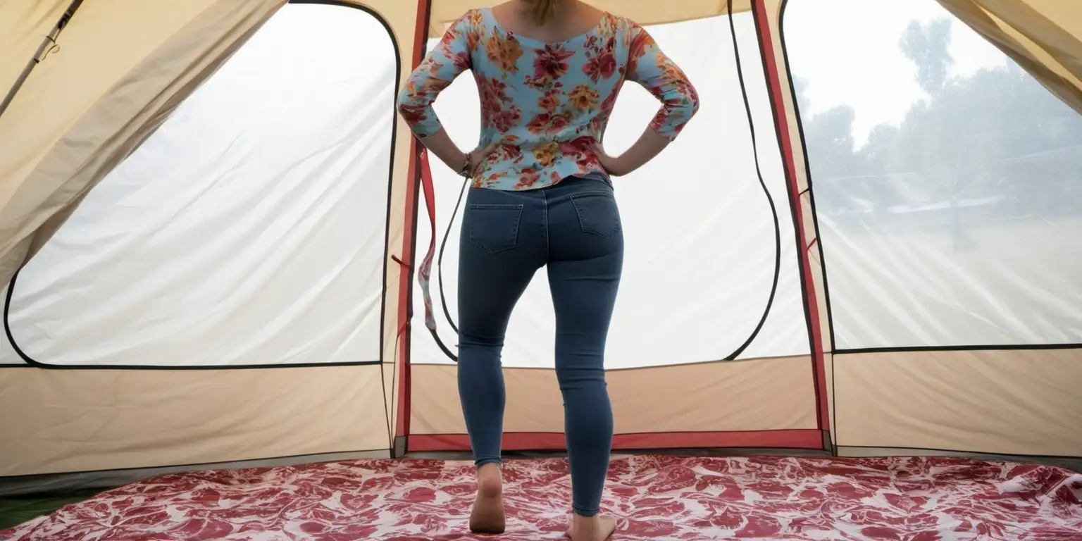 Barefoot Woman Squatting in Tent with Bohemian Style