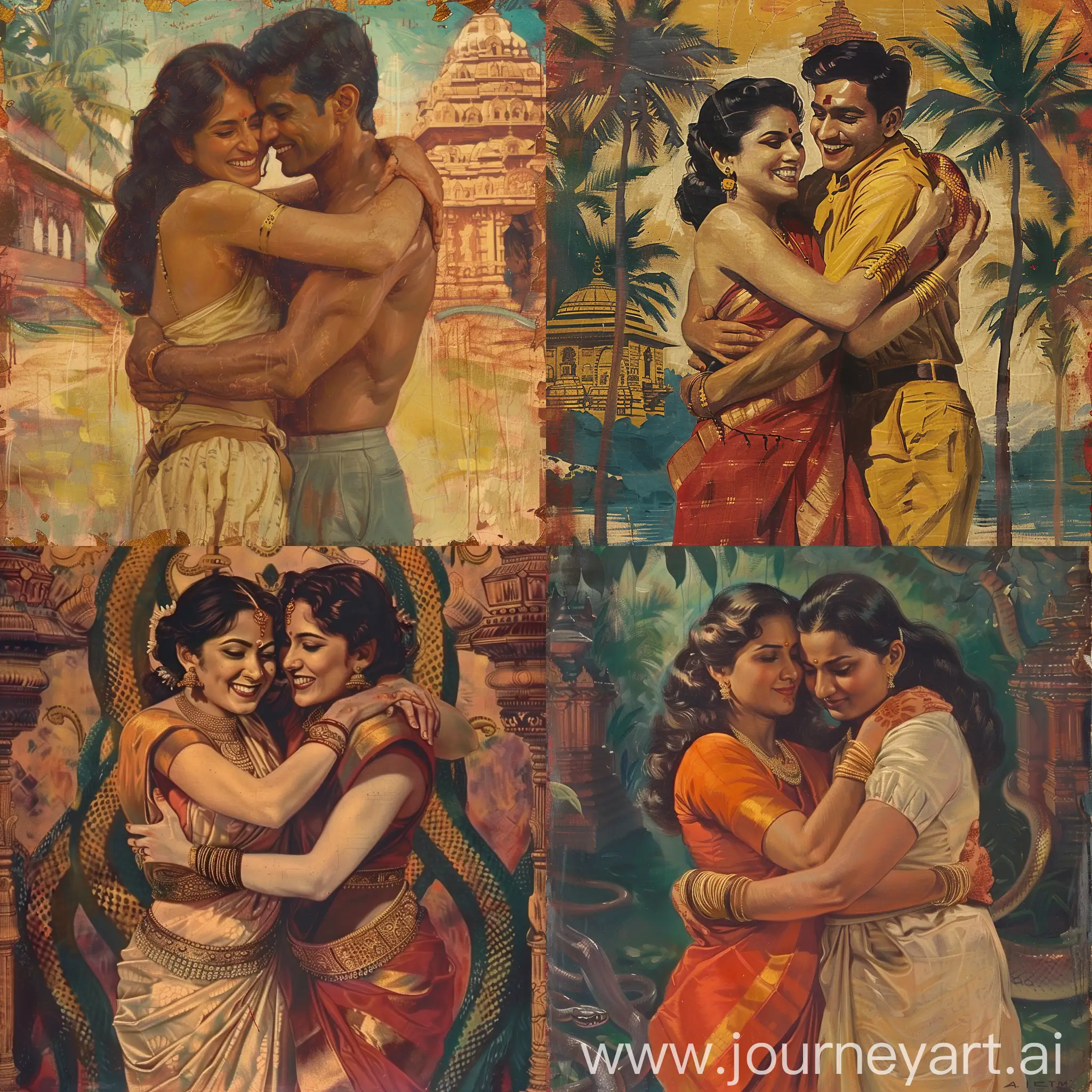 Create a vintage pulp art style painting of Anupama Parameshwaran and Anaswara Rajan hugging in a friendly manner, sensual, snake temple kerala background, waist shot