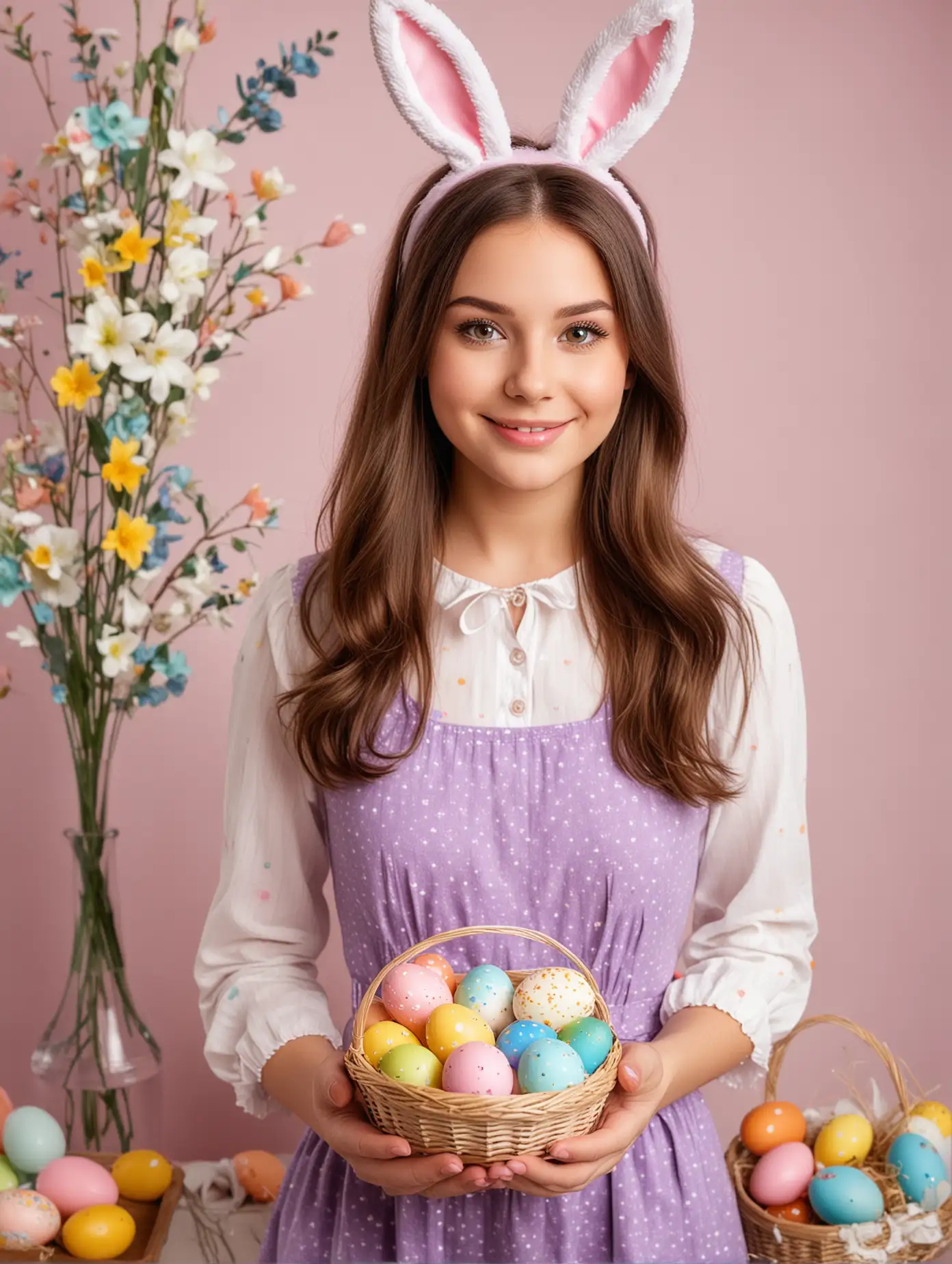 A 25-year-old American girl celebrates Easter with a strong festive atmosphere, Easter decoration background, camera facing, exquisite facial features, professional photography technology, full body photo