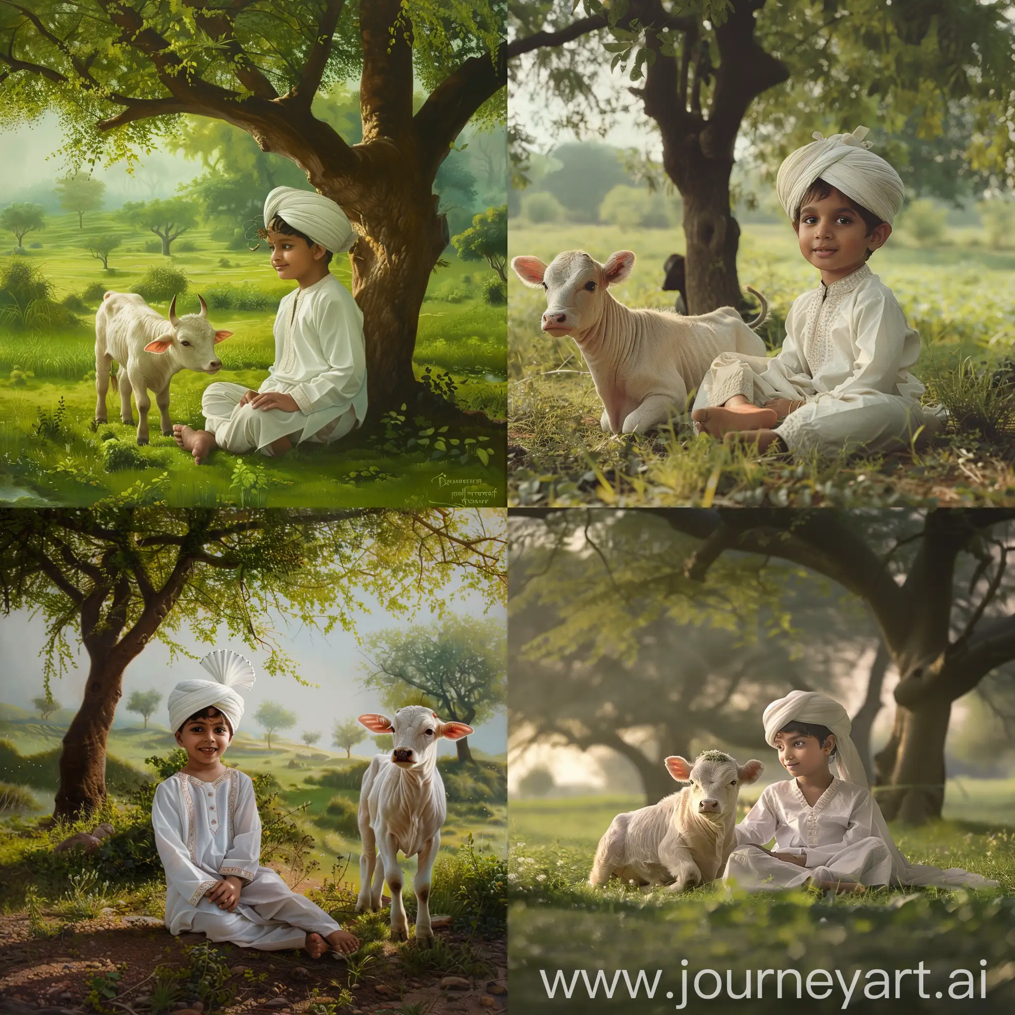 A village child wearing a white kurta panjama with white turban on head sitting near a cute white calf under a beautiful trees in a green field hyper realistic morning view