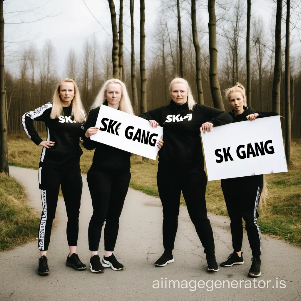 create a photo of three women from Finland doing something active outside. One should be holding a sign reading SK-gang