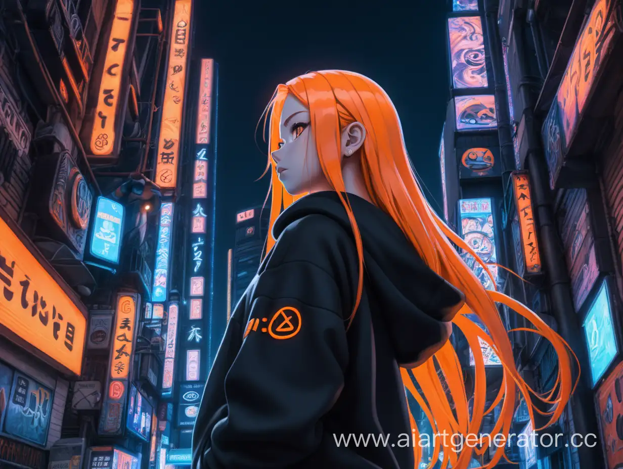 a girl with orange long hair, no bangs, looks at the city on street, stands, in full growth, in a black hoodie. bottom view. neon signs, cyberpunk. in the Naruto style