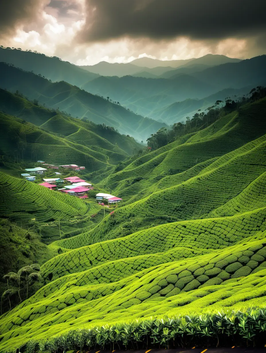 In the photo of Cameron Highlands, Malaysia, lush green tea plantations cascade down rolling hills, creating a picturesque landscape. The mist-kissed mountains in the background add an ethereal touch, enhancing the serene beauty of the scene. Vibrant flowers, such as colorful roses or bougainvillea, dot the landscape, providing bursts of vivid hues against the verdant backdrop. The cool climate of Cameron Highlands is captured through the soft sunlight filtering through the clouds, creating a tranquil and refreshing ambiance in the photograph.