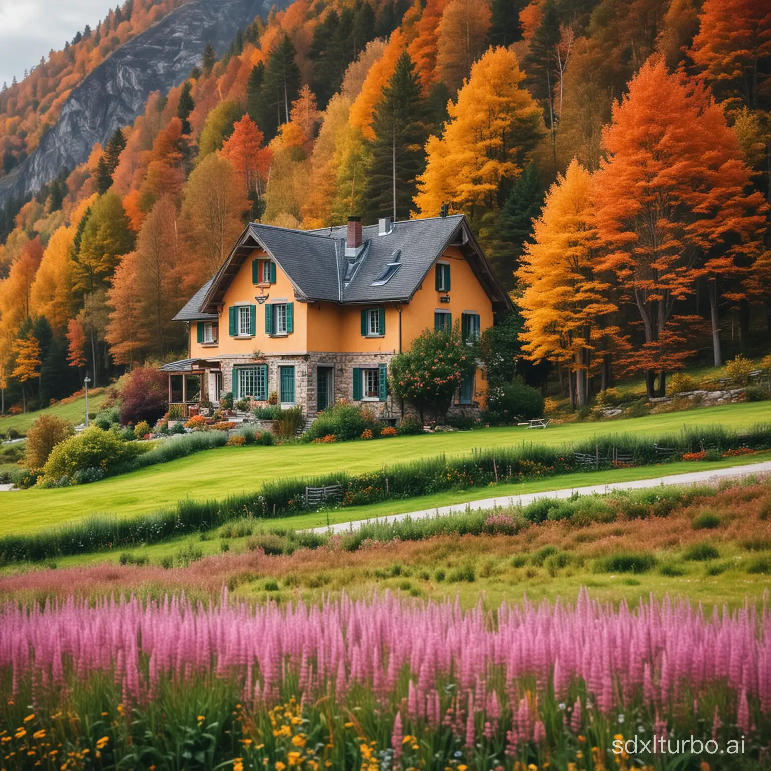 casa mediana en medio de un hermoso paisaje haz que tenga el paisaje desenfocado y realza los colores de la casa