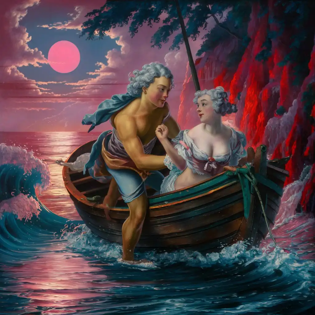 Romantic-Evening-Boat-Ride-Handsome-Man-Persuades-Beautiful-Girl-by-Crimson-Moonlit-Cliffs