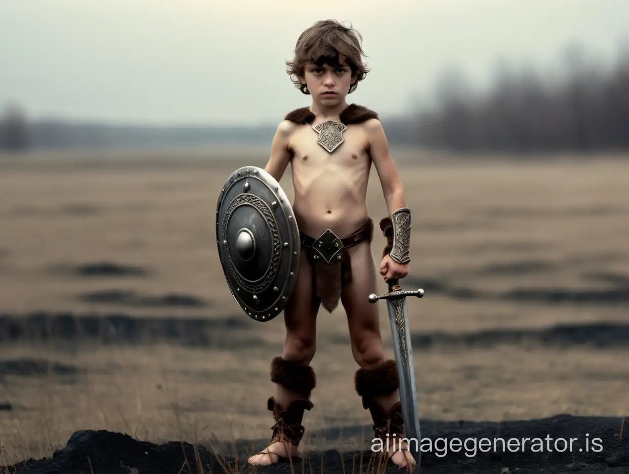 Nude Barbarian Boy with Sword and Shield on Empty Battlefield | AI Image  Generator