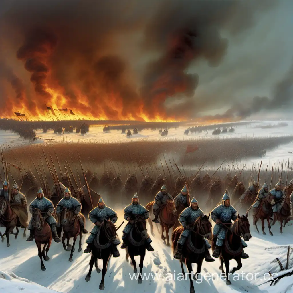 На рассвете монгольская армия приближалась к краю киевской земли. Вдали, над горизонтом, виднелись пылающие деревни и вздымающиеся столбы дыма, предвещавшие грядущее несчастье. Жители, услышавшие слухи о приближении опасности, начали панически бежать в убежище. средневековье