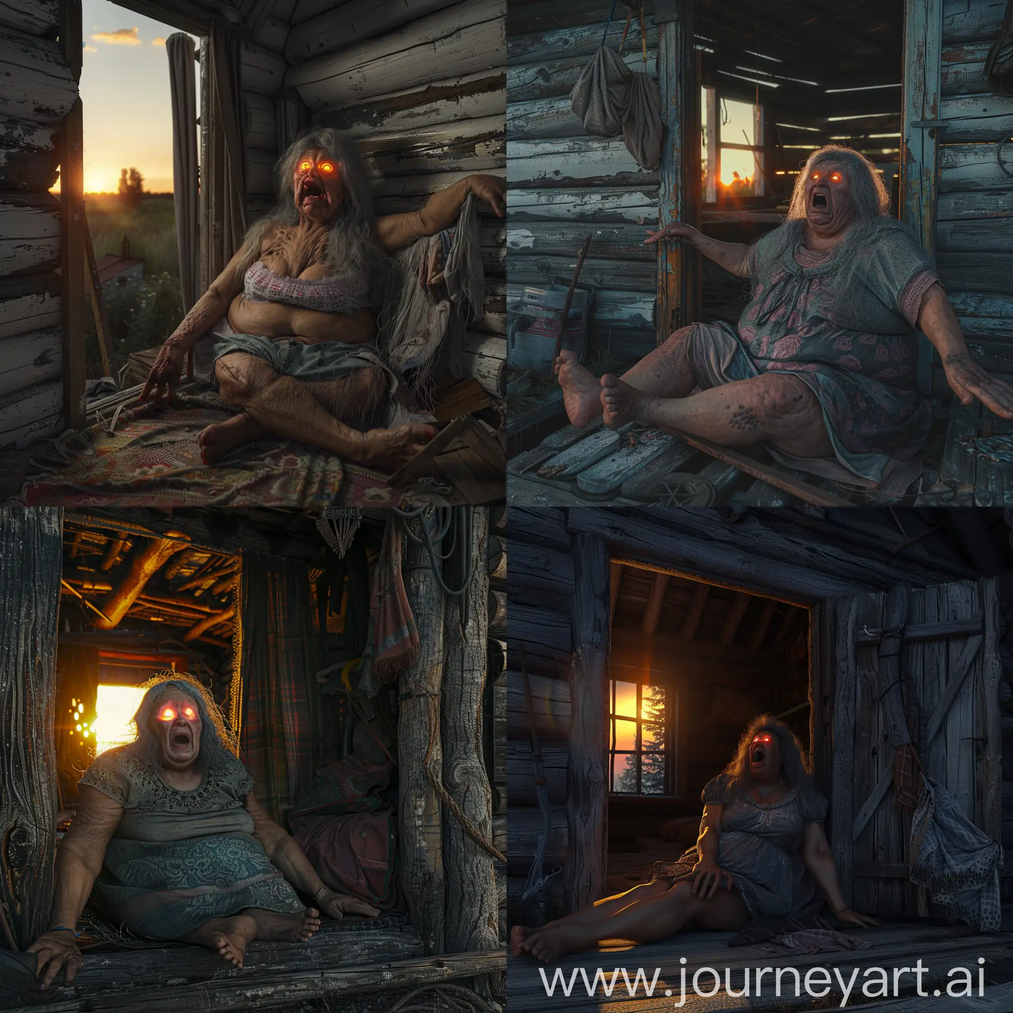 Russian hut inside, setting sun, a fat woman sits in the corner, eyes glow, mouth open, arms long and hanging, gray hair, hyper-realism, 8K image quality, ultra detail
