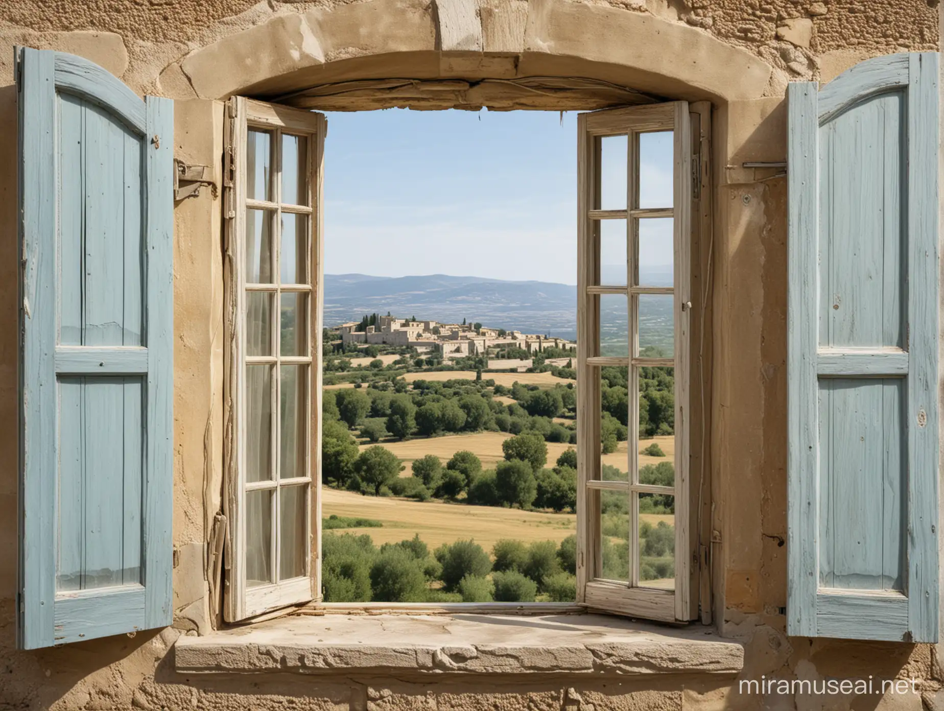 Looking through a classical French style window that has a view towards Provence a distressed look with lots of detail