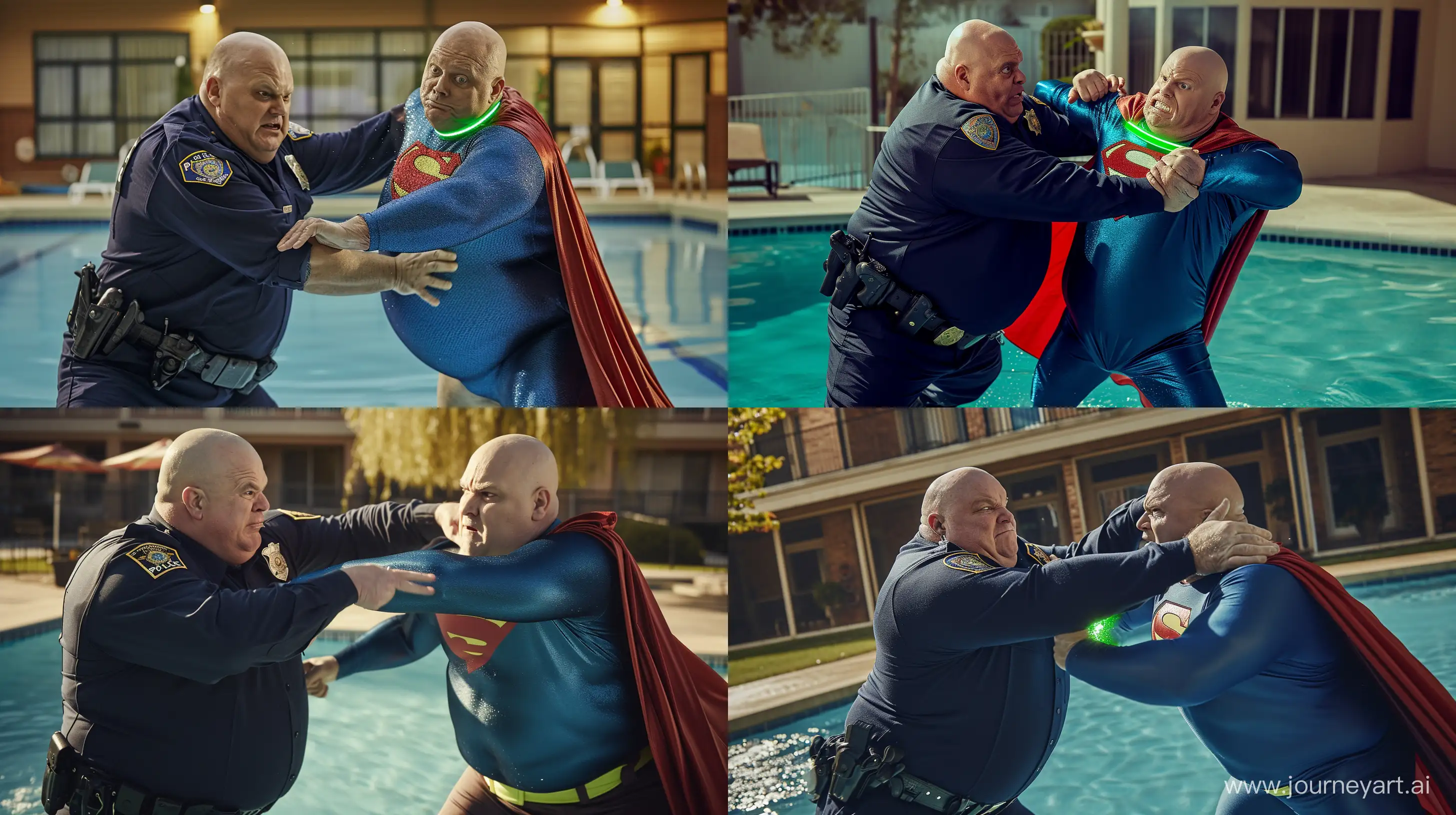 A closeup photo of a serious chubby man aged 60 wearing a long-sleeved navy police uniform tackling another chubby man aged 60 wearing a tight blue silky superman costume with a large red cape and a green glowing small short dog collar. Swimming Pool. Natural Light. Bald. Clean Shaven. --style raw --ar 16:9 --v 6