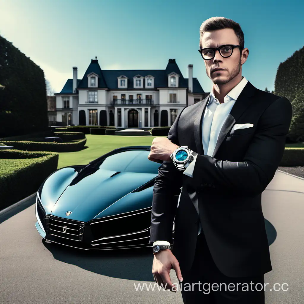 Sophisticated-Figure-in-Black-Suit-with-Futuristic-Car-and-Luxurious-Mansion