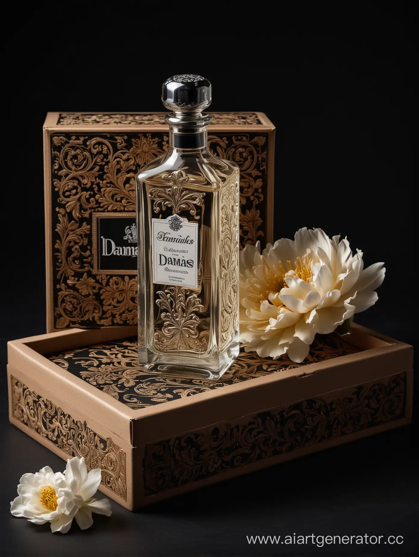 a bottle of damas cologne sitting next to a box, a flemish Baroque by Demetrios Farmakopoulos, instagram contest winner, dau-al-set, dynamic composition, contest winner, feminine
black background