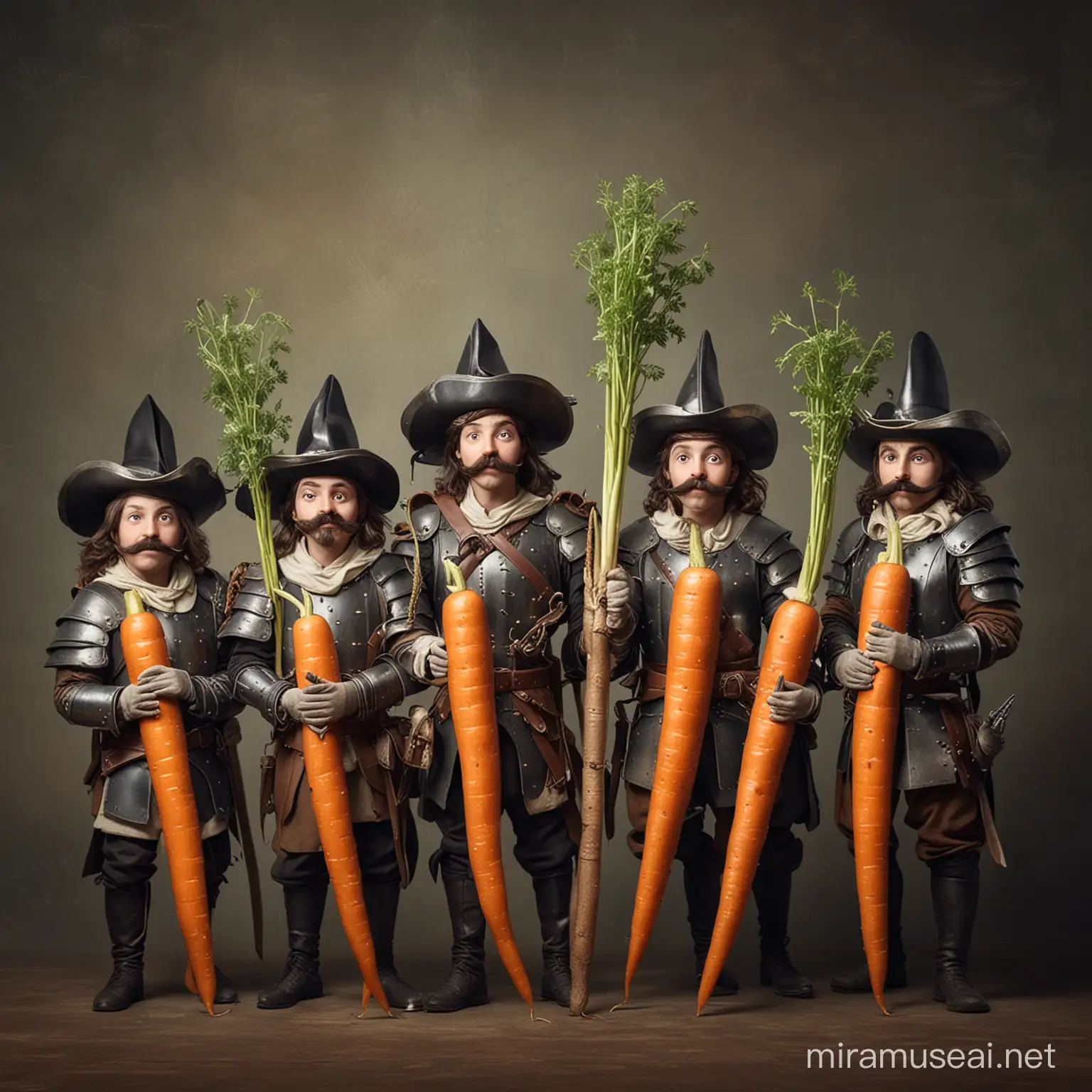 create image of dulling musketeers but holding long carrots instead of swords