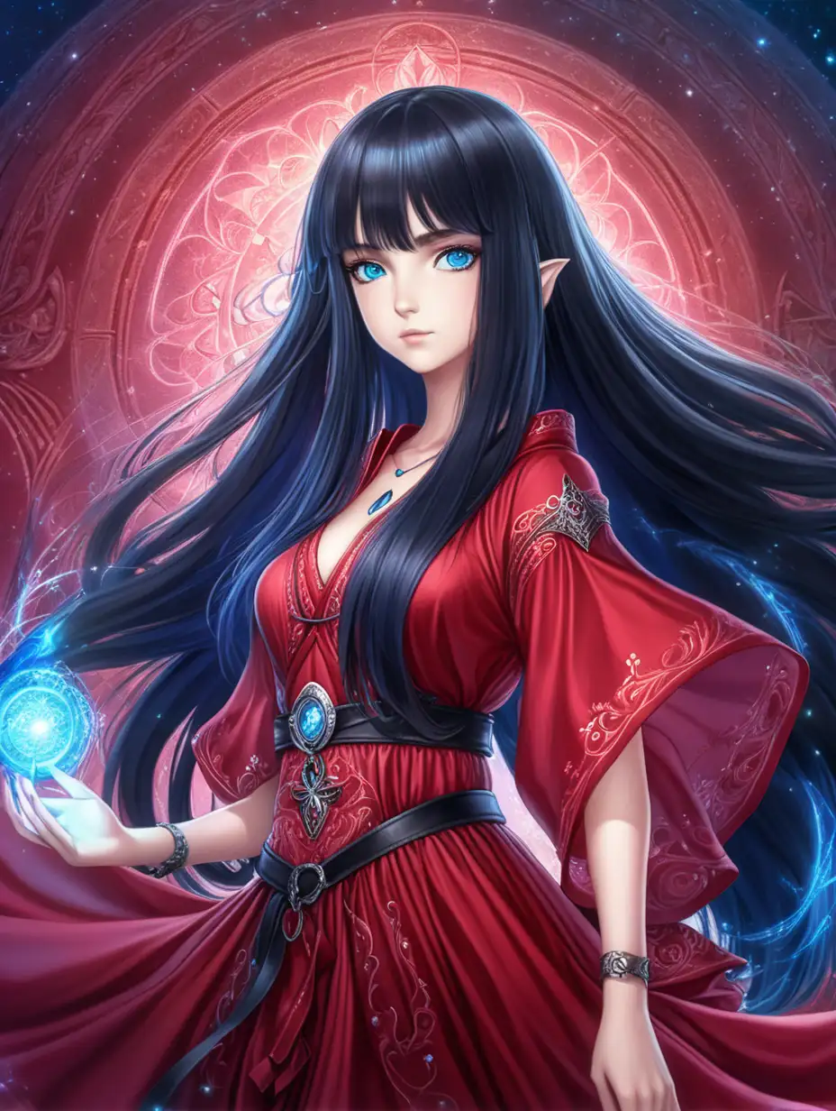 a girl that is a sorceress in a anime style with a long red magical dress in a magic background with long black hair and blue eyes