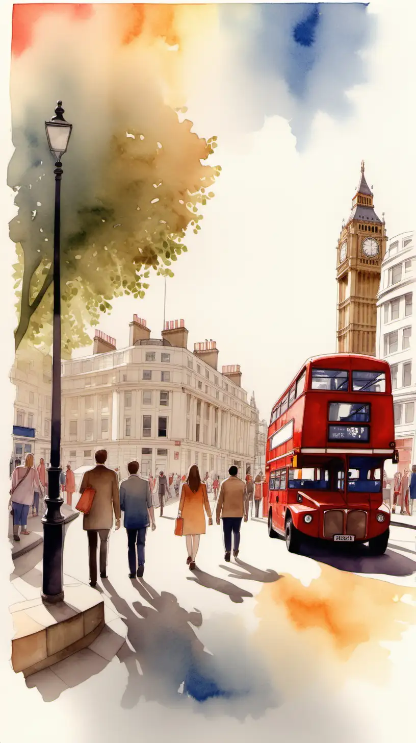 Watercolour illustrations, drawing, London, people walking, double decker bus afar, UK flag, blank right hand corner image, bit of sunlight, warm colours, nature, summer time