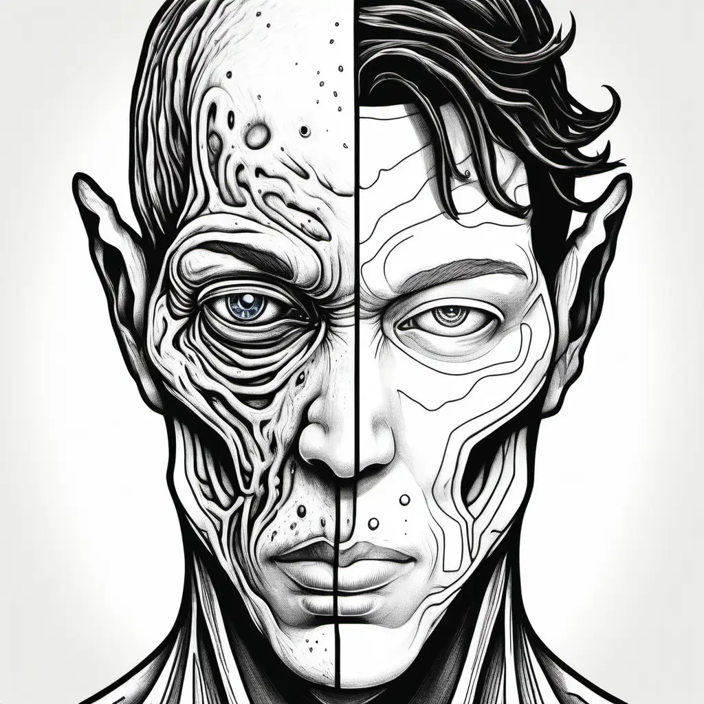 black and white drawing of man's face; half alien and half normal all in white for coloring
