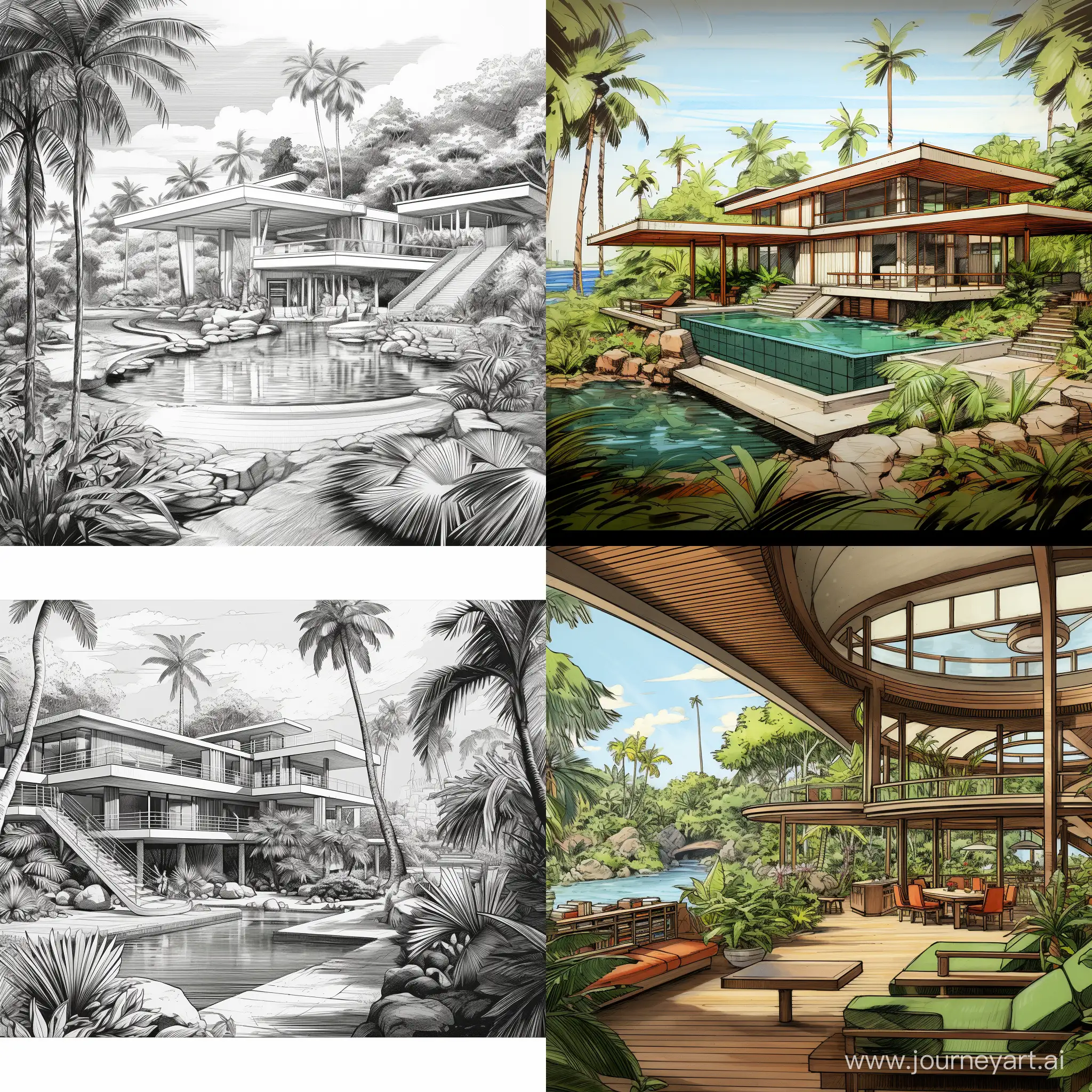 Visually stunning and architecturally sophisticated images embodying the mid-century modern style influenced by the works of Frank Lloyd Wright, John Lautner and Ludwig Vies Van De Rohe. The setting for this architectural marvel should be a paradise caribbean tropical landscape, with lush vegetation, serene waters, and an overall atmosphere of tranquility. 8k, HQ. Pencil Sketch. 