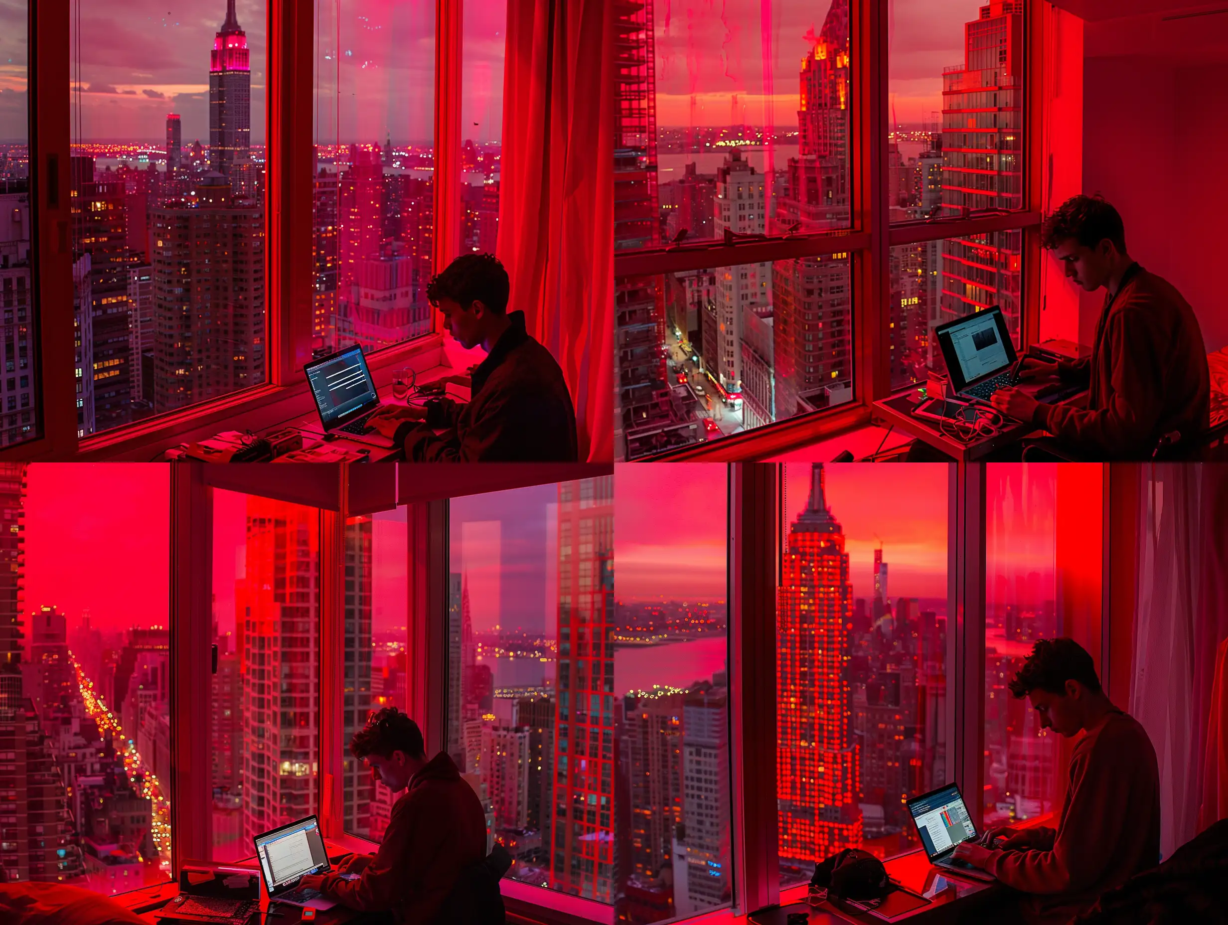 apartment with an incredible view, in the city of new york, the red colors of this scene transmits an aesthetic vibe,  theres a young man working in his laptop