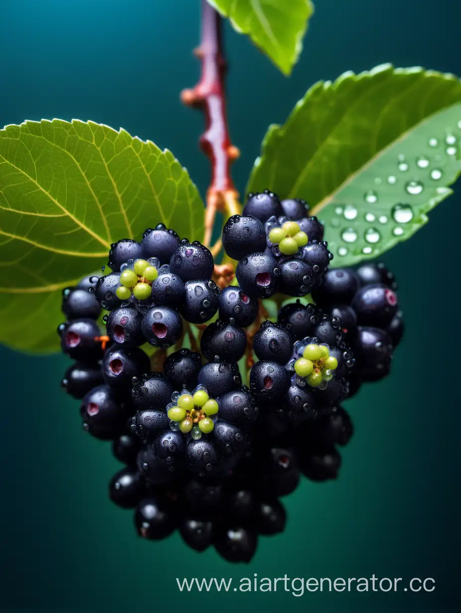 Dark-Green-Aronia-Fruit-with-Blue-Flower-and-Water-Drops
