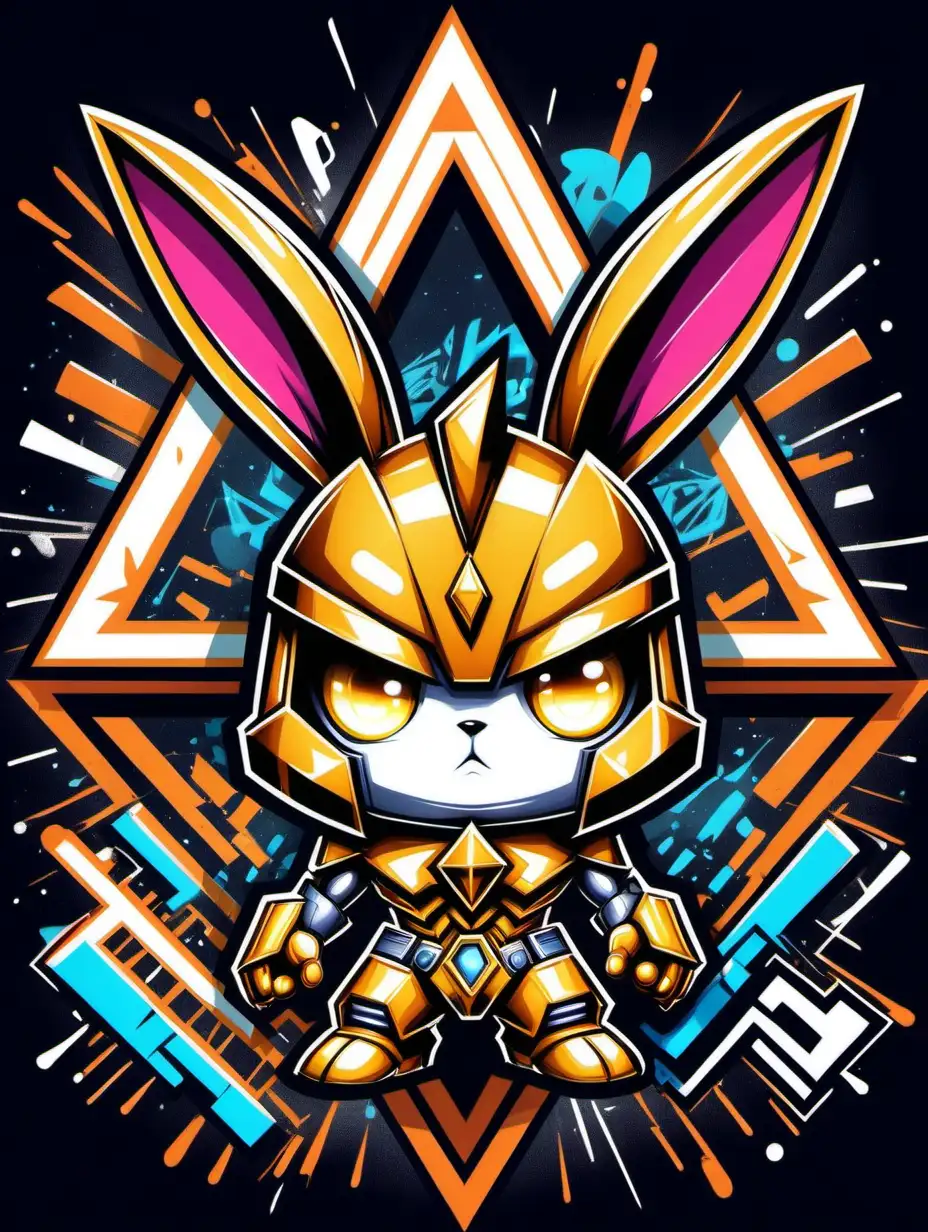 2d poster style, old style poster drawing, high contrast, flat pop art style drawing of a triangle-shaped composition featuring a little naugty cute golden bunny, serious grumpy face, daredevil, small thin ears, silver metal, glowing, dressed like Megatron character from Transformers, . Anime, chibi style. Big head, small body, big eyes. Cute face. The background is filled with graffiti elements, incorporating vibrant electric colors, various shapes, and dynamic lights. The overall image should be lively, colorful, and reflective of contemporary youth culture, embodying the energetic spirit of pop art. Drawing must be in 2d flat style, popart. 