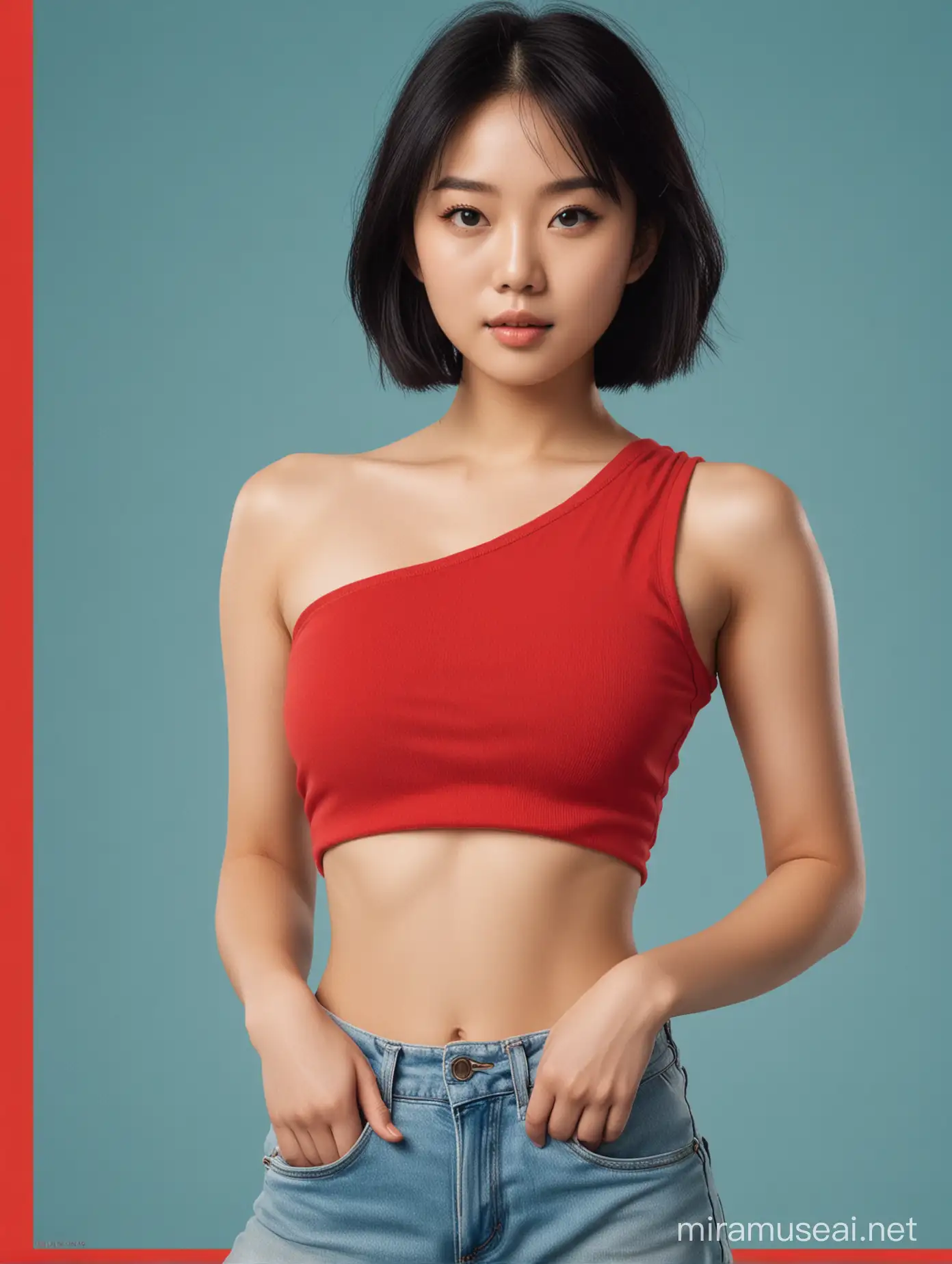 movie poster, a cool Asian girl with black straight hair. she has pale skin, She is wearing a red one-shoulder crop top that separates her abdomen and tummy from her and a pair of light blue baggy jeans, a movie poster, solid color background.