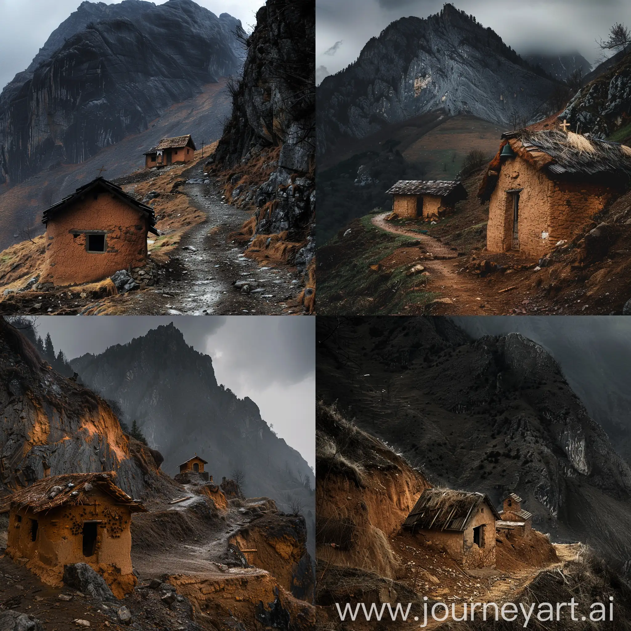 Rustic-Romanian-Mountain-Hut-and-Chapel-Amidst-Dark-Mountains