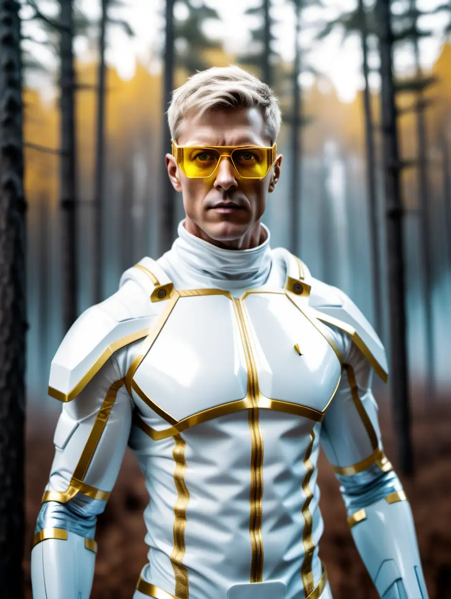 tall man, dark blond with short hair, muscular, in a white space suit, bionic and gold yellow glasses, square face, blue eyes. Witch village and forest background.