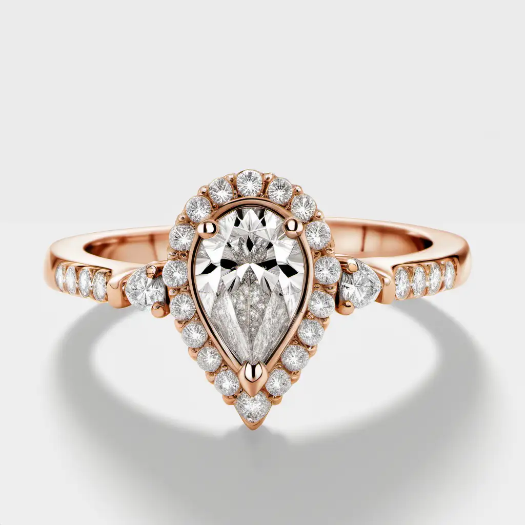 bridal engagement ring with diamonds and a pear shaped diamond cluster in centre. In rose gold