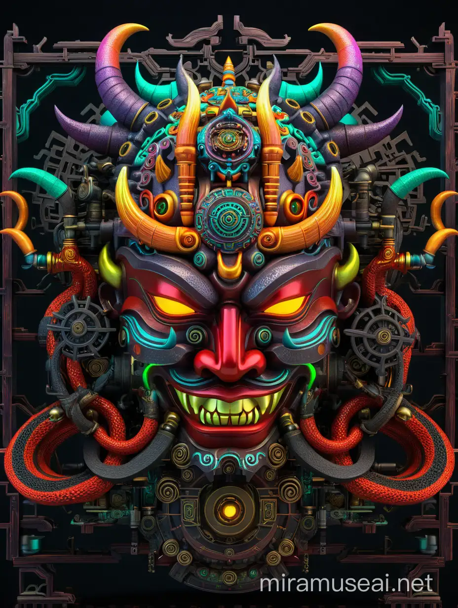 Psychedelic visionary world 3d hyper detailed, small japness devil mask , both side 2 bricks lamp ,forest , vivid colors , machines, engine parts , robotic, engines , bricks floor temple 