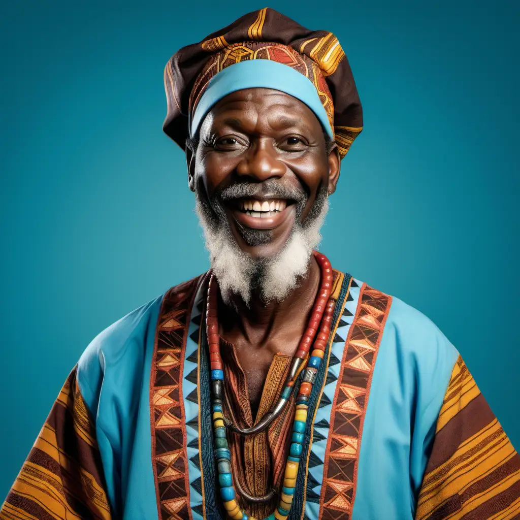 Highly detailed image in the style of photography featuring a male character named Andy. Andy is an African storyteller, around 50 years old, tall, and wears traditional African dress. He is happy and lively, with a coily beard. The image is a front view medium shot of Andy, without a staff, and with a pastel blue background.