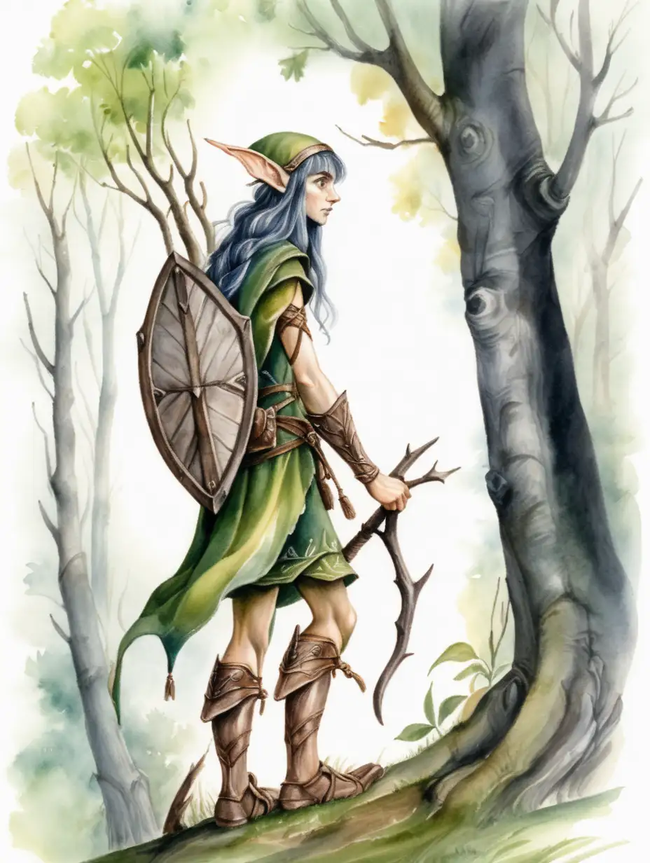 fantasy wood elf scouting, dark watercolor drawing, no background